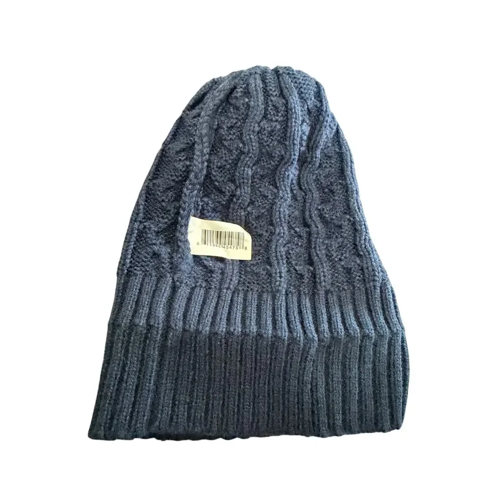 Winter Beanie Womens Cable Knit OS Navy Blue Pompom Faux Fur Hat